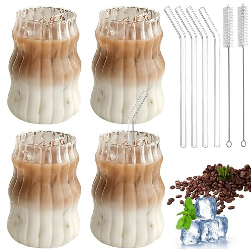 WANDGU Lot de 4 verres à café avec pailles et brosses de nettoyage - 500 ml - Verres à dessert - Verres à thé ondulés - Verres à jus pour whisky, bière, cocktail, café glacé et thé glacé