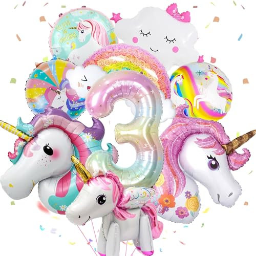 Yskmefun Einhorn Geburtstagsdeko, 3D Stereo Einhorn Luftballon, Einhorn Luftballons 3 Jahre, Geburtstagsdeko Einhorn 3 Jahre Mädchen, Rainbow Cloud Balloons für Geburtstags Dekoration