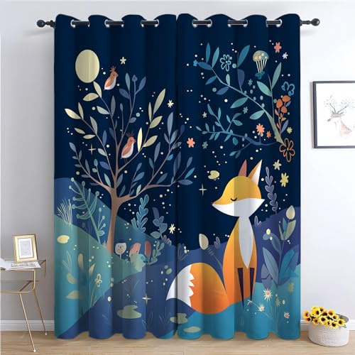 CozyRest Verdunklungsvorhänge Gardinen mit Ösen Blickdichte Vorhänge Lärmschutzvorhang für Kinderzimmer Thermo Gardinen mit Fuchs Vogel und Baum am Nachthimmel Muster, 160 x 70 cm (HxB), 2er Set