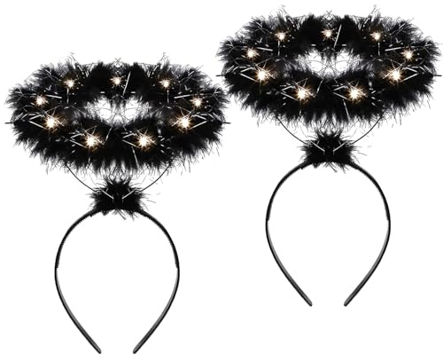YIAJIA 2 Stück beleuchtetes Engel-Halo-Stirnband, LED, schwarz, flauschige Feder, Haarreif für Halloween, Weihnachten, Engel-Kostüme, LED-Kopfschmuck