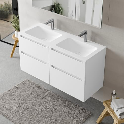 BERNSTEIN Badmöbel-Set Vireo, Waschtisch-Unterschrank mit Mineralguss-Waschbecken 120cm in Weiß matt - CREAM - Weiß matt mit Hahnloch - 2 Schubladen, Badmöbel, 5 Jahre Garantie