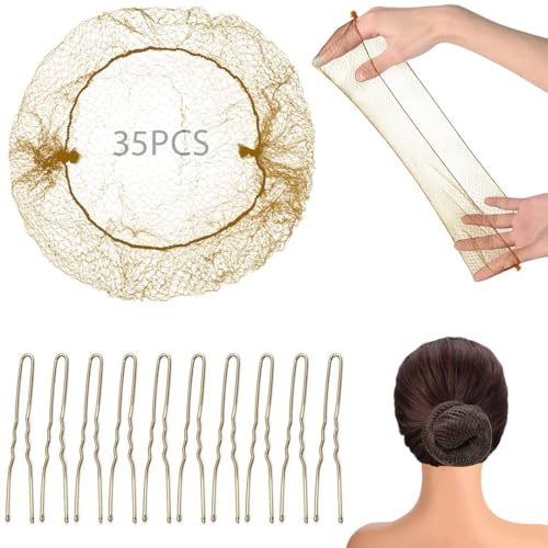 AORVYUI 35 Pièces Filets à Cheveux, 10 épingles à cheveux，Filet Chignon, Filets Cheveux Invisible Filet à Cheveux Élastique, pour Chignon Fixant des, Ballet, Danse, Infirmière (Or)