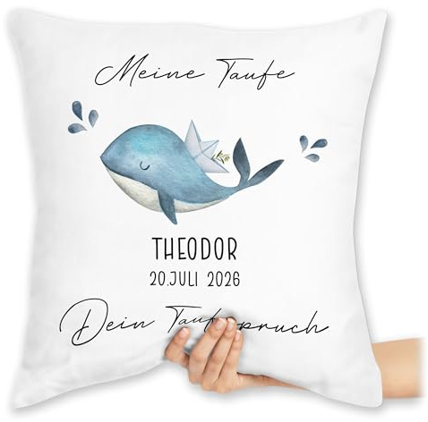 Kissen 40x40 Zierkissen - Taufe - Tauf Geschenk mit Name und Datum | Taufgeschenke | Wal | Personalisiert mit Taufspruch - 40 x 40 cm - Weiß - taufkissen konfirmation Taufe￼ Cushion