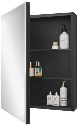 Fundin Spiegelschrank 50.8 x 66 cm Spiegelgröße, Einbau- oder Aufputzmontage, schwarzer Aluminium-Badezimmer-Wandschrank mit Spiegel und verstellbaren Ablagen.