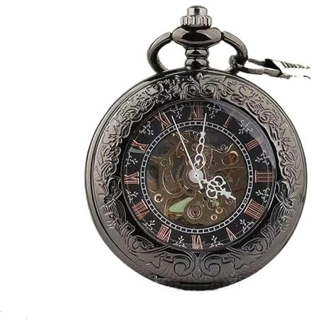 QJFORU Vintage-Taschenuhr, Taschenuhrketten, Antik-Bronze, transparentes Design, mechanische Automatik-Taschenuhr, Herren- und Damenuhr mit Taschenkette(Black)