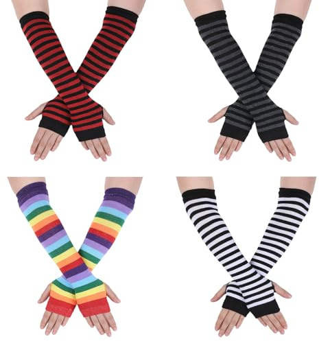Armstulpen, 4 Paar Mehrfarbige Lange Finger Lose Warme Handschuhe Dehnbare Ellenbogen Lange Arm Warmers Y2k Gestreifte Strick Arm Wärmer Mit Daumen Loch Für Frauen Mädchen Punk Gothic Party Zubehör