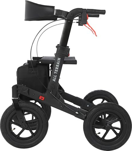 MobiQuip All Terrain 4 Wheel Rollator Walker with Seat, Black Coloured Frame - Lightweight, Folding Mobility Aids with Large 12 Pneumatic Tyres - Adjustable Handles, Easy-Grip Brakes & Storage