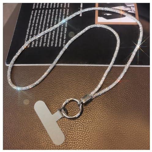Hrlace Handy Lanyard Universal Strass Handykette Handgelenkband Glitzer Strass Kristall Telefon Lanyard zum Umhängen Handyband Handschlaufe Lanyard mit Patch für alle Smartphone Lang Silber