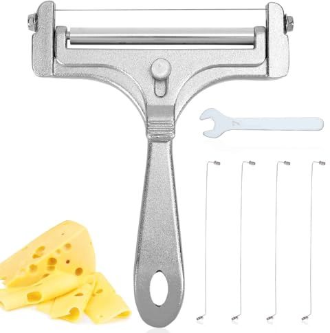 Gosknor 6 Pzs Kit de Cortadora de Queso, Cortador de Queso de Alambre con 4 Alambres Adicionales y Llave Cortador de Queso de Mano Cortador de Mantequilla para Queso en Bloque (Plata Esmerilada)