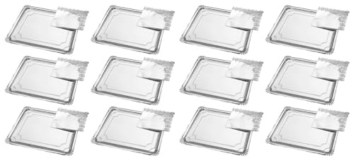 AC - Pack de 12 bandejas rectangulares con blonda - Cartón y Papel - Especial para Fiestas, presentación de postres - Material reciclable - 31 x 38 cm - Color Plata