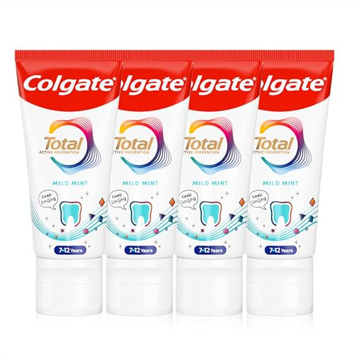 Colgate Total Kids 7-12 Years Mild Mint Toothpaste 50ml x4 Multipack - for New Permanent Teeth - Fights Root Causes² of Many Oral Health Problems - Sugar Acid Protection³ - Suitable for Braces
