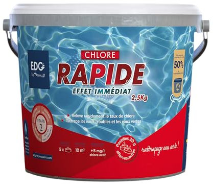 EDG by AQUALUX INTERNATIONAL - Chlore Rapide (Choc) Piscine - Pastilles 20g - Seau 2.5kg - Effet Immédiat - Spécial Rattrapage Eaux Vertes Usage Intensif Temps Orageux