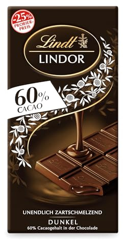 Lindt LINDOR Tafel 60% Kakao Extra Dunkel | 100g feinherbe Schokolade | Zartschmelzende, dunkle Schokolade