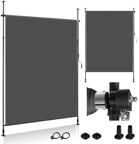 Vkechh Klemmmarkise Senkrechtmarkise Außen 200x305cm, Vertikalmarkise Balkon mit Handkurbel ohne Bohren, Balkon-Sichtschutz & Windschutz für Garten & Terrasse, Wasserfest Anthrazit