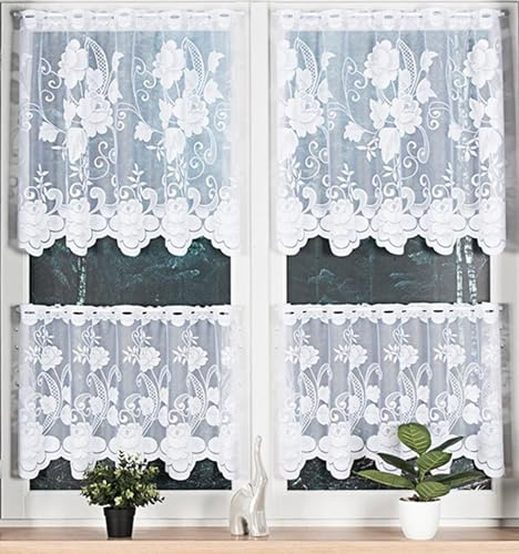 Gardinen Vorhangen Weiß Jacquard 200x50 cm (BxH) Wenecja Scheibengardinen mit Elegantem Blumenmuster Pflegeleicht und Einfach Zu Hängen Küche und Wohnzimmer