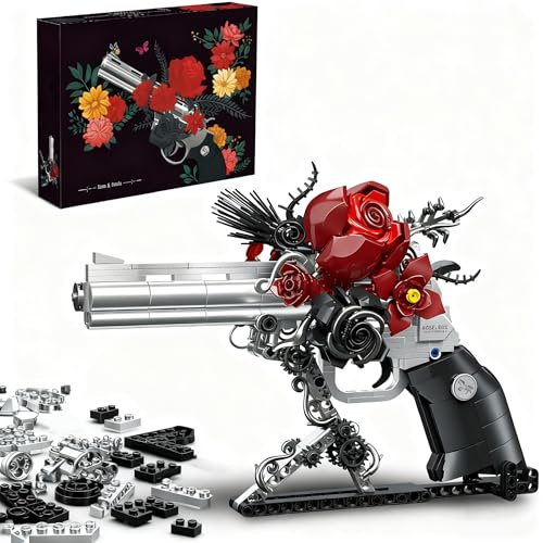 DrmBeyd Gotische Rose Blumenstrauß Bausteine Set Spielzeugpistole, 631 Teile Gotischer Revolver Klemmbausteine mit Rose & Ständer, Gun Dekro Erwachsene und Kinder