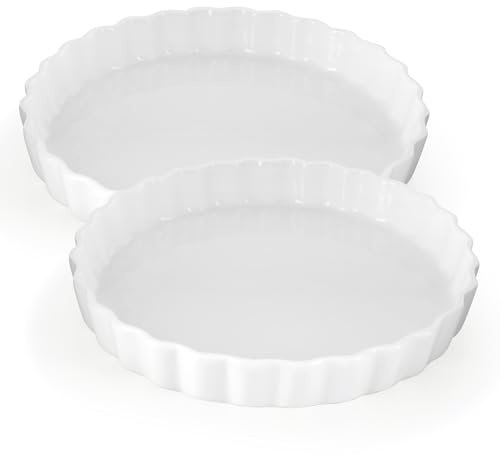 Axincardarm 2 Pcs 22cm Ceramic Quiche Dish Round Porcelain Pie Pan, White Ceramic Flan Baking Dishes for Pie, Pizza, Pasta