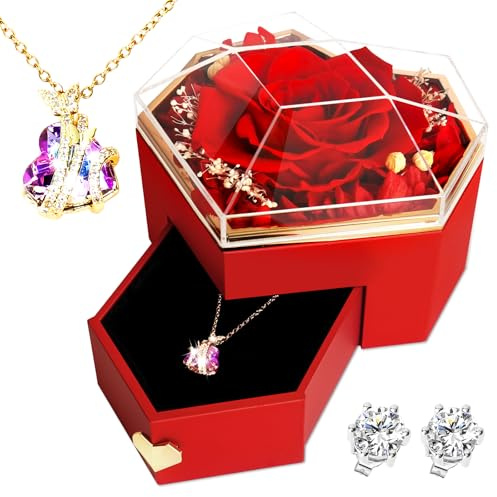 Rose Eterna, Eterna Hecha a Mano Rosa, Collar y Pendientes, Conservada a Mano, Rosa Real Preservada para El Día de San Valentín Día de la Madre Navidad Regalos Románticos para Ella