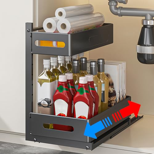 Rangement Sous Évier 2 Niveaux Acier Coulissant Sans Perçage Cuisine Bain | Noir Tiroir Coulissant Cuisine Multi-Usage avec Installation Sans Perçage, Silencieux à Billes Acier