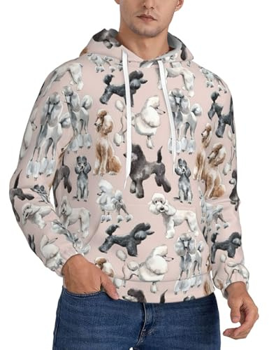 ASFgda Herrörhängen med pudel tryck pullover huvtröja, vinter vardaglig huvtröja för män med känguruficka, storlekar S-4xl, Svart, XS Plus