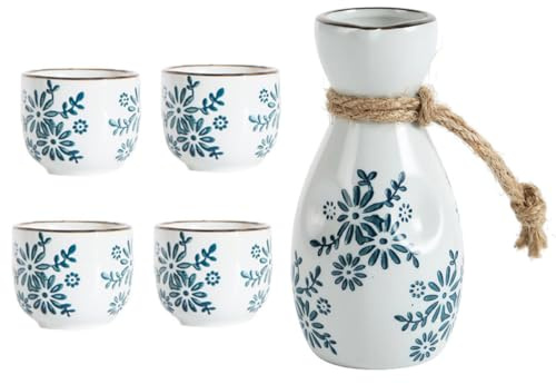 HOLIDYOYO Pot à Saké en Céramique 1 Bouteille Orchidée et 4 Coupes Assorties Service à Vin Blanc Traditionnel Support de Service Pratique pour Dégustation et Décoration 5 Pièces