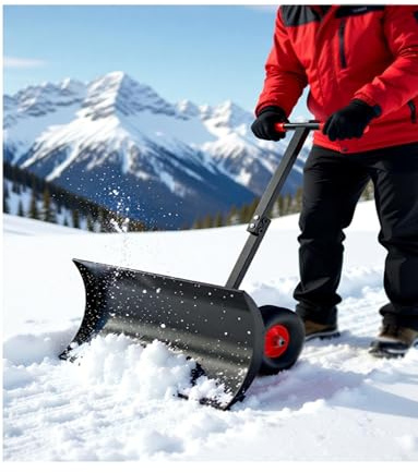 Spazzaneve con ruote con manico regolabile a 5 livelli, pala da neve con lama in acciaio for rimuovere senza sforzo la neve dal vialetto e dal patio(29.5x17in/75x43cm)