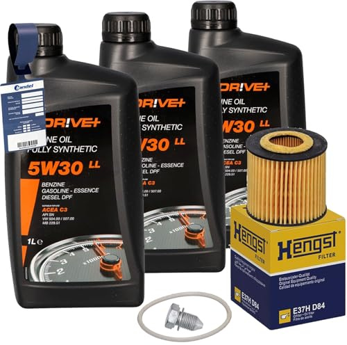 Hengst Ölfilter+3L Dr!ve 5W30 Motoröl | E37HD84+588.670.001+MN180+DP3310.10.014 für 1.2 Polo 6R Roomster Fabia II