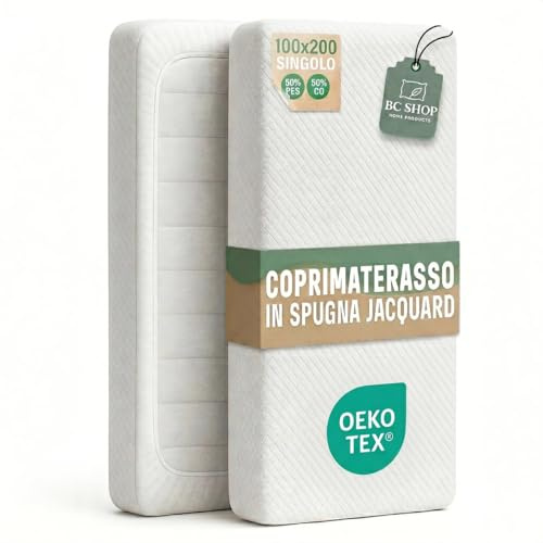 BCSHOP Coprimaterasso Singolo 100x200 x27cm in Spugna Jacquard - Copri Materasso Singolo con Angoli Elasticizzato con Certificato Oeko Tex - Lavabile e Regolabile per Materassi a 1 Piazza