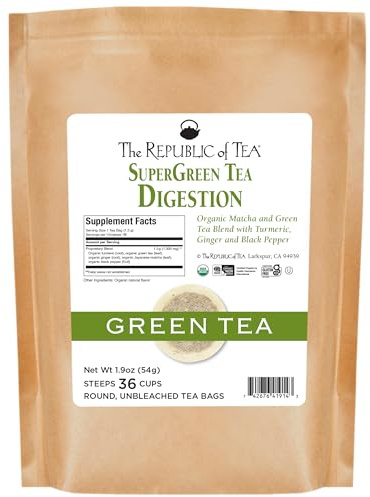 The Republic of Tea - Organic Digestion SuperGreen Tea Refill Bag, 36 Tea Bags, Naturally Caffeinated Japanese Matcha and Green Tea
