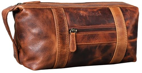 STILORD Bruno Leder Kulturbeutel Vintage für Herren Damen Große Kulturtasche Zwei Fächer Waschtasche mit Henkel für Reisen Farbe:Kara - Cognac