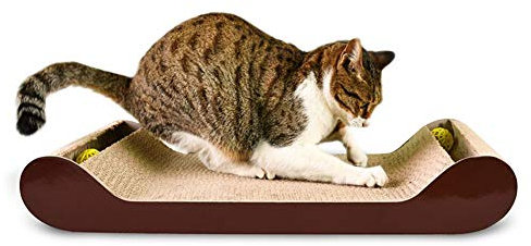 WHSPORT Kratzbrett für Katzen aus Pappe, Kratzmöbel Katzen Wellpappe im Form von Sofa, Kratzspielzeug für Katzen Einer Höhle mit Klingelball, Katzenlounge Kratzkartonbett (Color : Brown)
