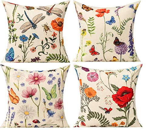 All Smiles Kissenbezug 50x50 Outdoor Kissen Draußen Kissenhülle Sofakissen Zierkissenbezüge für Sofa Schlafzimmer Couch Kissenbezüge, Garten Blumen Schmetterling Libelle 4er Set