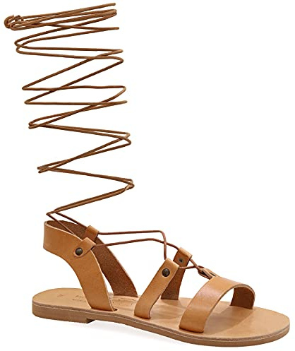 38 beige Emmanuela Sandales en cuir à haut genou dans un style grec ancien, sandales de gladiateur plat à la main avec orteils ouverts, chaussures d'été de haute qualité pour attacher les femmes