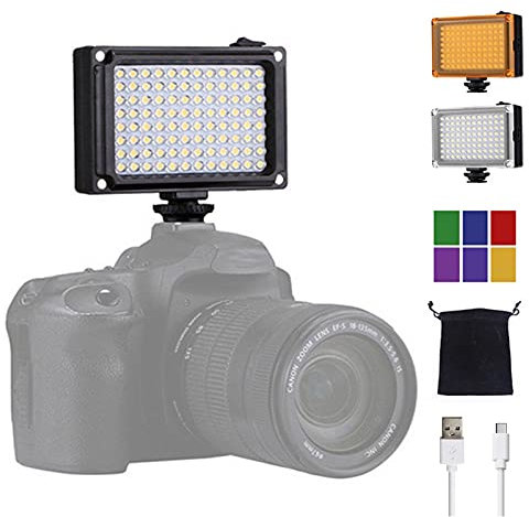 Video Light Panel, 96 LED Camera Light with 5400K / 3200K Filter and 6-Color Film, Dimmable Camera Fill Light with 1/4 Thread for Cameras Camcorder Video Conference, USB or Battery Powered