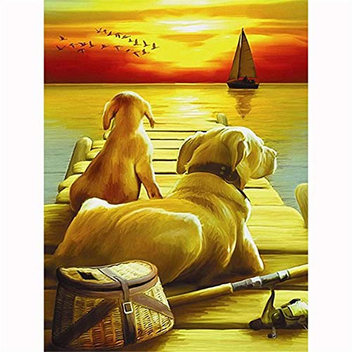 YINGXIN88 5D Diamant Painting Kits, Pack Runde Voll Drill Diamond Painting Zubehör Kristall Kreuzstich Kunst Handwerk für Hause WanddekorationHund auf dem Pier-50x50cm