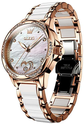 OLEVS Automatic Self Winding Watch for Women Rose Gold Stainless Steel Heart Diamond Womens Ceramic Watches Large Face White Mother of Pearl Waterproof Date Ladies Watch for Women Two Tone Bracelet