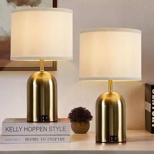 GyroVu Touch Control Table Lamps Set of 2, Gold Bedside Table Lamps for Bedroom Living Room Office, Modern Dimmable Desk Lamp for Nightstand with 2 USB Charging Ports, 2 Bulbs Included