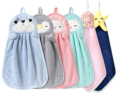 FHDUSRYO 6Pcs Cute Animals Hand Towels Set for Kitchen, Absorbent Soft Coral Velvet Hand Dry Towel with Hanging Loop, Microfibre Quick Dry Hanging Face Towel Washcloth for Kids Adults Bathroom
