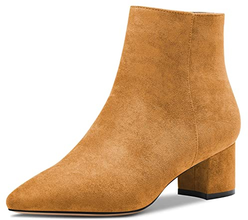 Saekcted Mujer Chunky Ancho Bajos Heel Cerrado el Dedo del pie Puntiaguada Punta Botines Cremallera Oficina Clásico Zapatos Marrón 35 EU