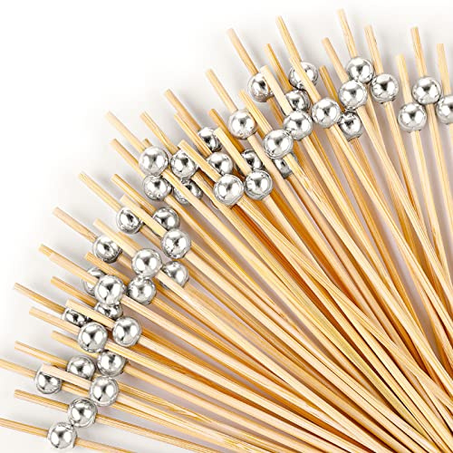100 palillos de cóctel de 4.7 pulgadas, elegantes palillos de cóctel para aperitivos, pinchos, palillos de cóctel de bambú para decoración de fiestas, palillos de comida de perlas doradas para