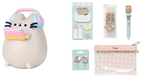Grupo Erik Nachtlampe Kinder - Nachtlicht Katze Pusheen - 11x16x7 cm Schreibtisch Lampe & Schreibwaren Set Pusheen Foodie - Kugelschreiber 10 farben - Federmäppchen Groß - Büroklammern