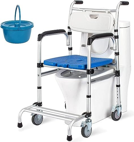BLUEZY Toilettenstuhl für Senioren mit Rollen, Duschstuhl für Senioren Toilettenstuhl Höhenverstellbar WC Stuhl, Dusch Toilettenstuhl Fahrbar Nachtstuhl,für Behinderten, Bis 136 Kg B