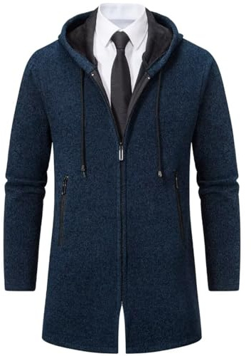 Shuanghao Uomo Giacca Cardigan Magliaone di Felpato Cardigan Casual Maglioni con Zip Cappuccio Abbigliamento Autunno Invernale Calda Morbida Elegante Outwear Tops per Uomo Blu L (Stili Lunghi)