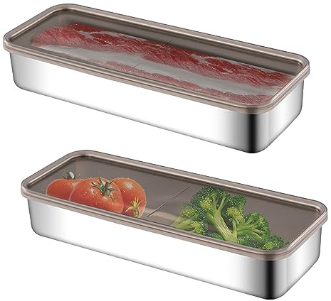2 stycken färska skärlådor, matburkar med lock, kylskåpsförvaring, påläggslådor för kylskåp, stapelbara återanvändbara förvaringsburkar av korv och köttprodukter (26,5 x 10 x 4,6 cm)