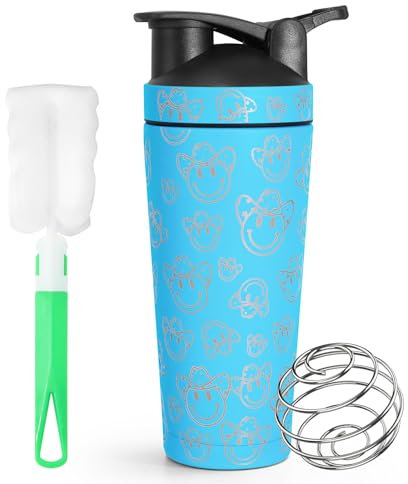HNCY 750ml Shaker Proteinas, Shaker Acero Inoxidable, Mezclador de Proteinas, Shaker para Polvo de Proteína de Suero Cremoso Sacude, Shaker de Acero Inoxidable Prueba de Fugas y sin BPA - Azul
