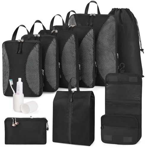 Kompressionsförpackningskuber 10 set | Resväskorganiseringsväskor för resor | Bagageorganisatörer för semester, flyg och kryssningsväsentligheter, svart