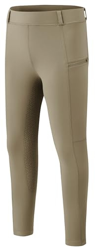 MoFiz Girls Breeches Horse Riding Pants Summer Kids Equestrian Pull On Horseback Tights Zip Pocket Youth Schooling Khaki Medium