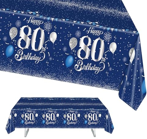Tischdecke 80 Geburtstag, Happy 80th Birthday Tischdecke Blaue Silberne Tischdeko Deko 80. Geburtstag für Mann Frau, 137 * 274cm Rechteck Wasserdicht Tischdecke für Alles Gute 80. Geburtstag Party