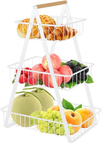 Evereden 3-Tier Fruit Basket, Portable Fruit Bowl With Detachable Metal Holder, Fruit Holder With Wooden Handle for Storage Fruits Vegetable Bread Snacks, White (White)