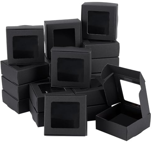 BENECREAT 24 Packung Schwarze Kraftpapierboxen Mit Klarem Fenster, 7.5x7.5x3.3cm Große Geschenkverpackung Für Jubiläen, Geburtstage, Hochzeiten, Graduierung